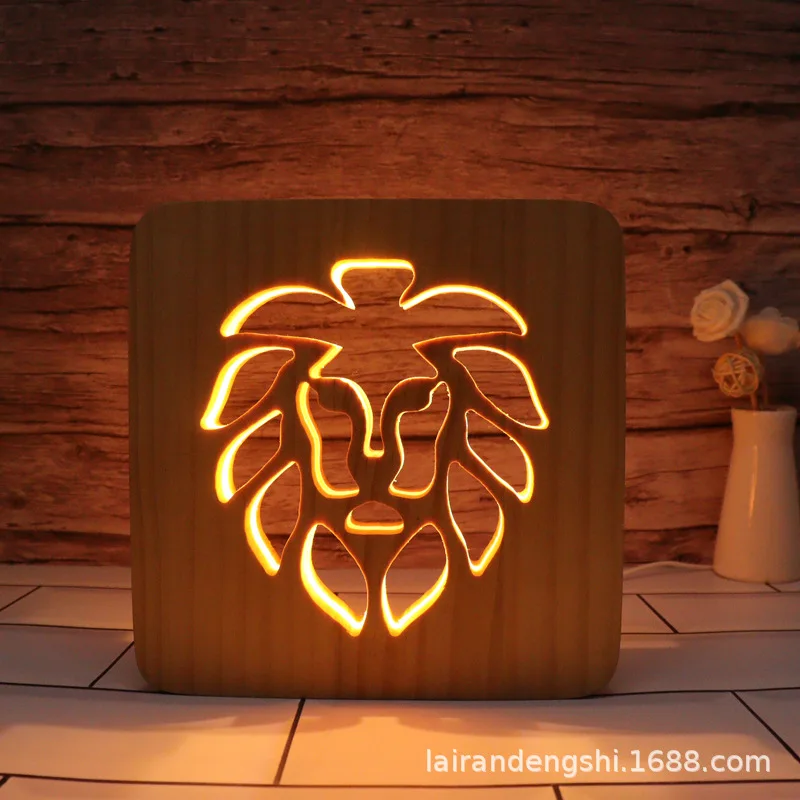 

3D Wooden Led Lion Lamp Animal USB LED Table Light Lion Luz Switch Control Bebe Noche Wood Carving for Children Bedroom Decor