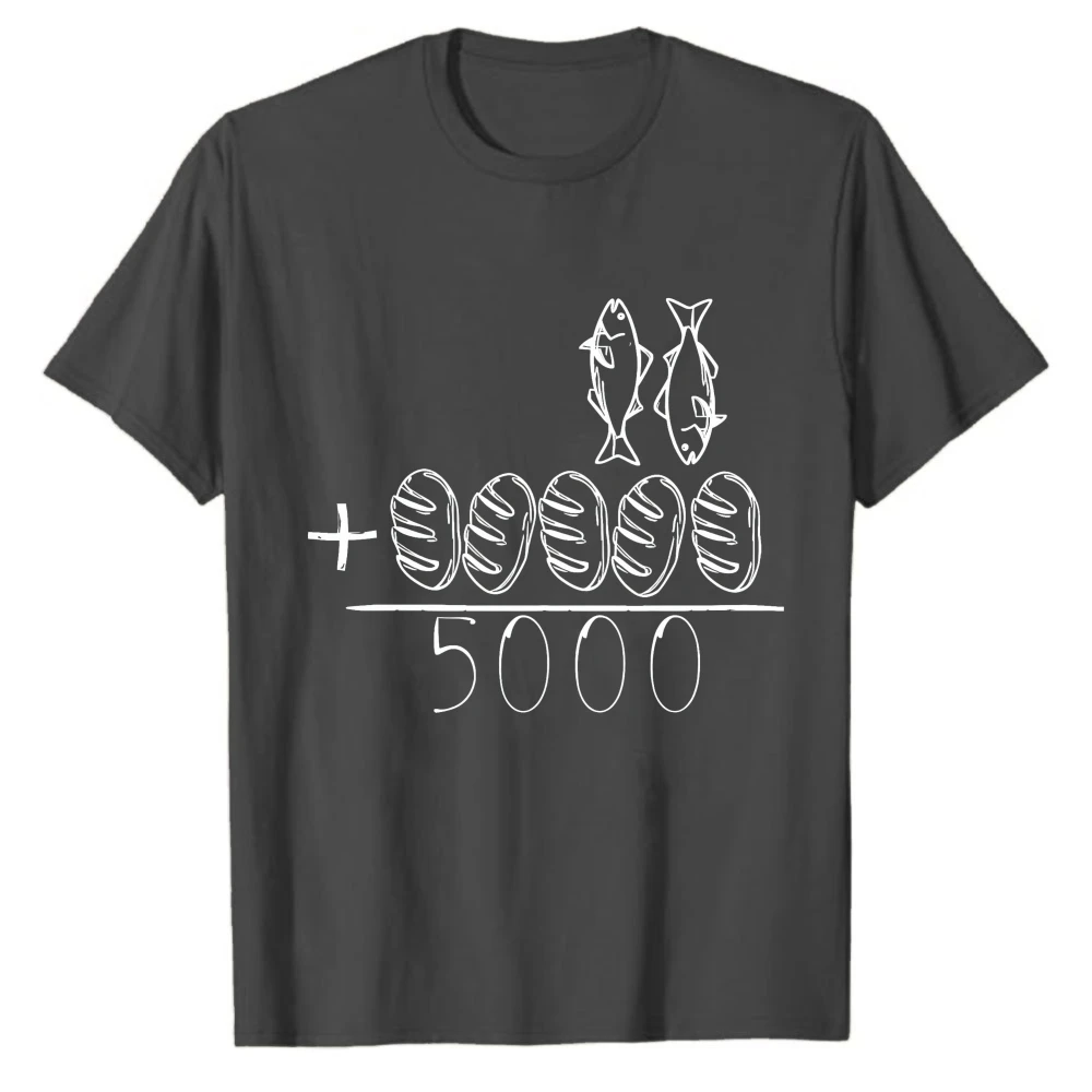2 Fishes 5 Breads Jesus Feeds The 5000 Christian Bible Verse T-Shirt Funny Shits Casual Regular Short-sleeved COTTON Tops O-neck view 3