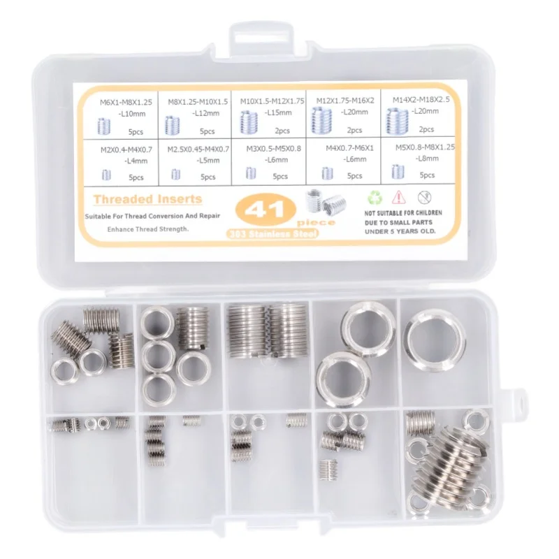 41 Pcs Thread Repair Insert Assortment Kit Stainless Steel M2 To M14 Thread Repair Insert With Storage Box