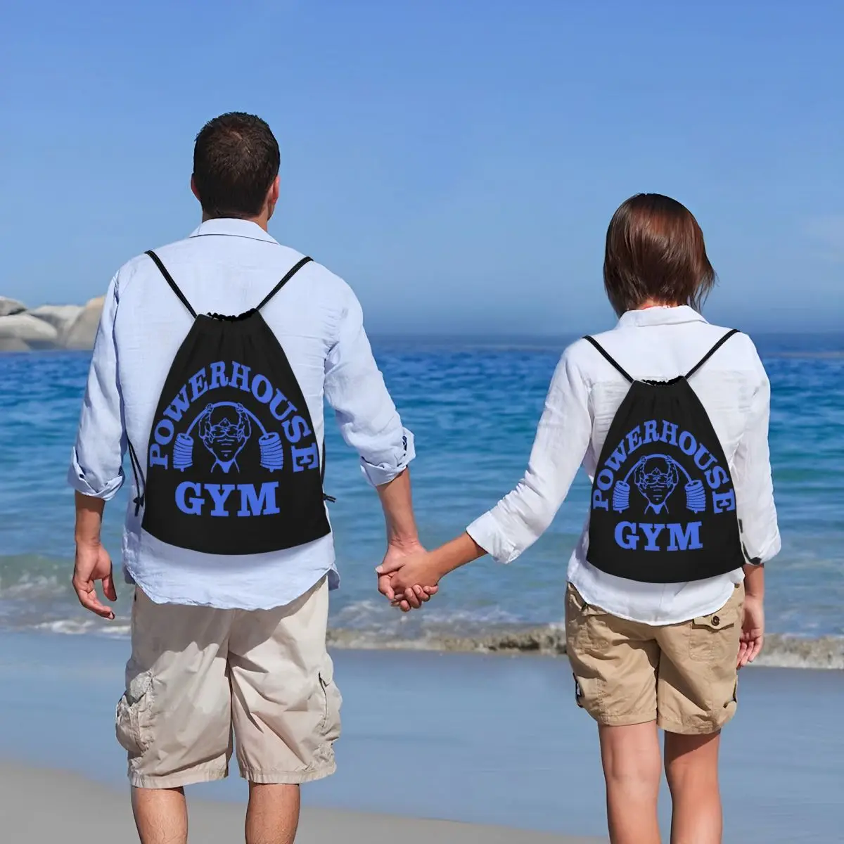 Sacos de cordão personalizados Blue Powerhouse Gym para treinamento, mochilas de ioga para fitness, construção de esportes musculares, mulheres e homens