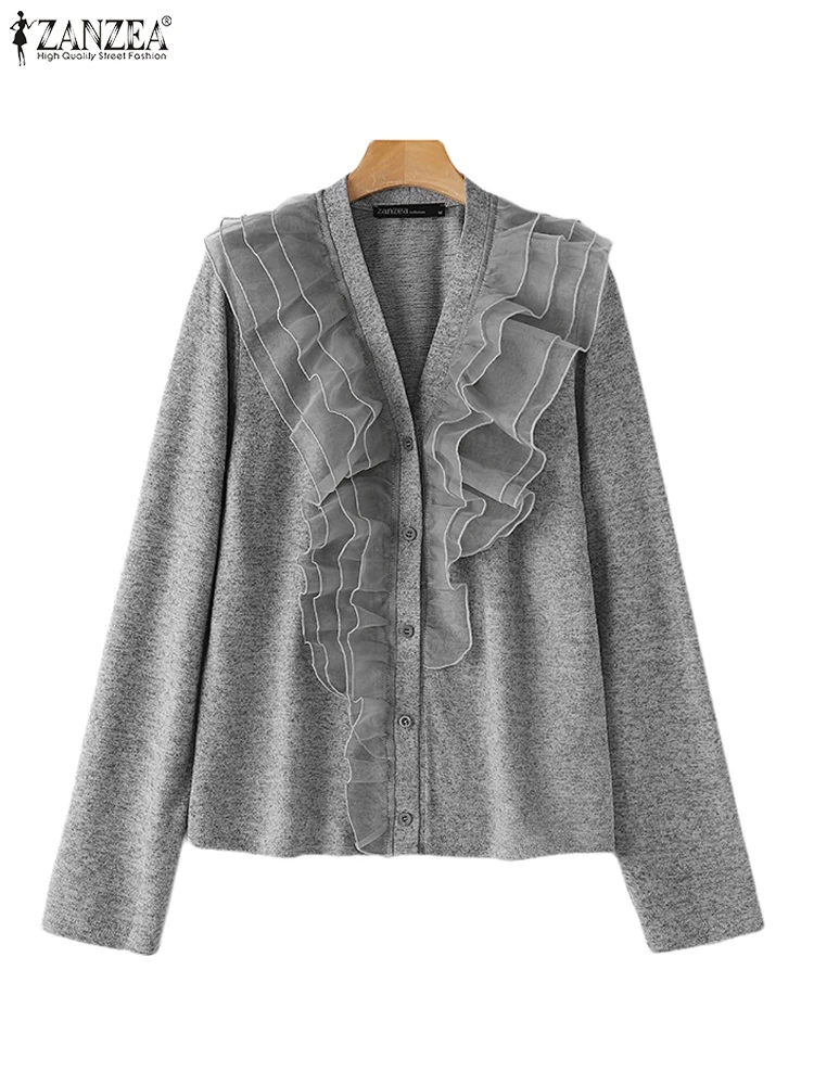 

ZANZEA 2022, осенняя повседневная одежда с v-образным вырезом, женские лоскутные кардиганы, модные открытые свитера с рюшами по краям, топы с длинными рукавами