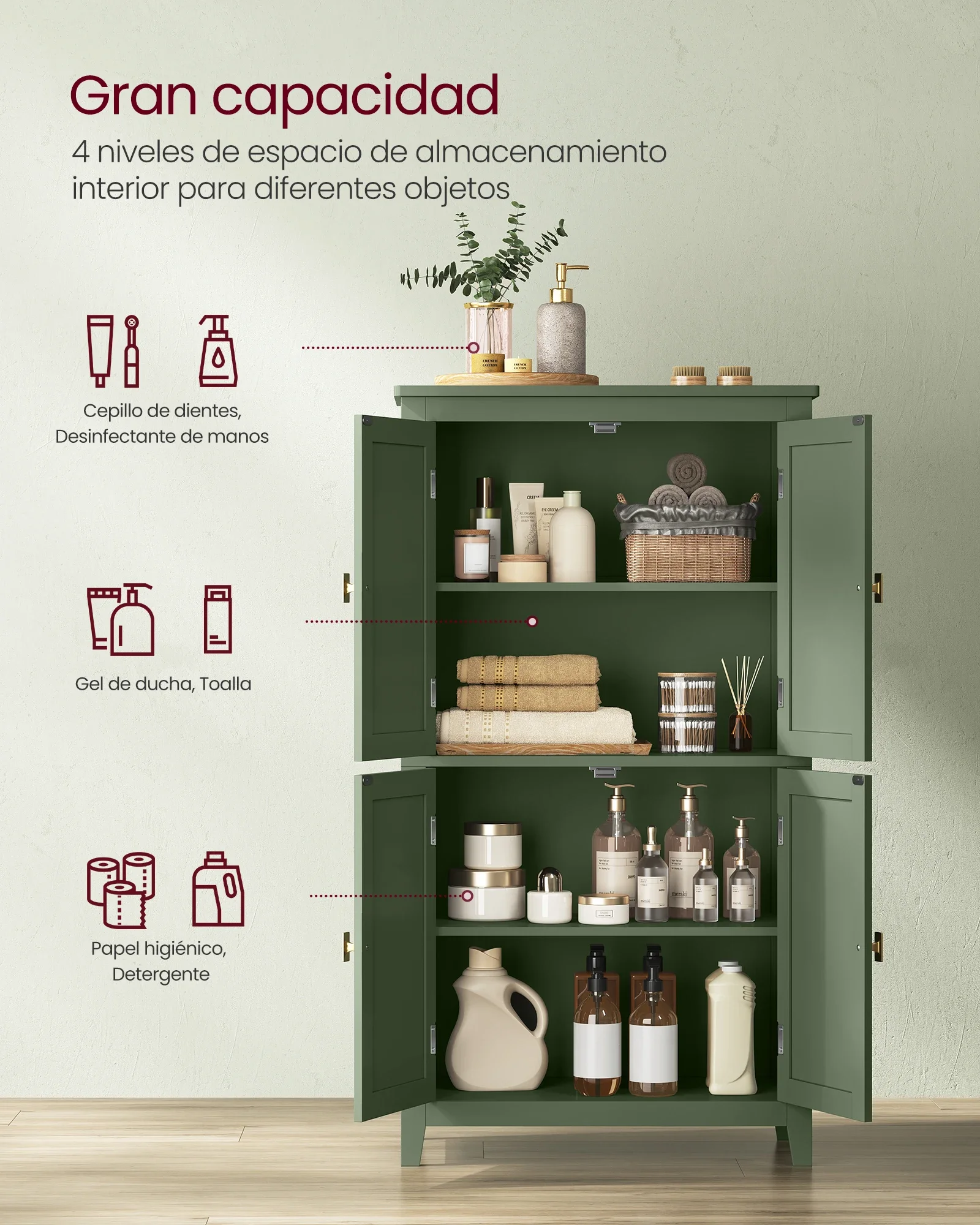 4-Door Wood Cabinet Bathroom Floor Storage with Adjustable Shelves for Home Entry Living Room