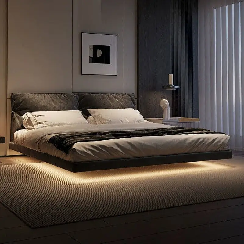 Light luxury suspension bed iron frame year designer new model with sensor light modern simple master bedroom matte cloth bed