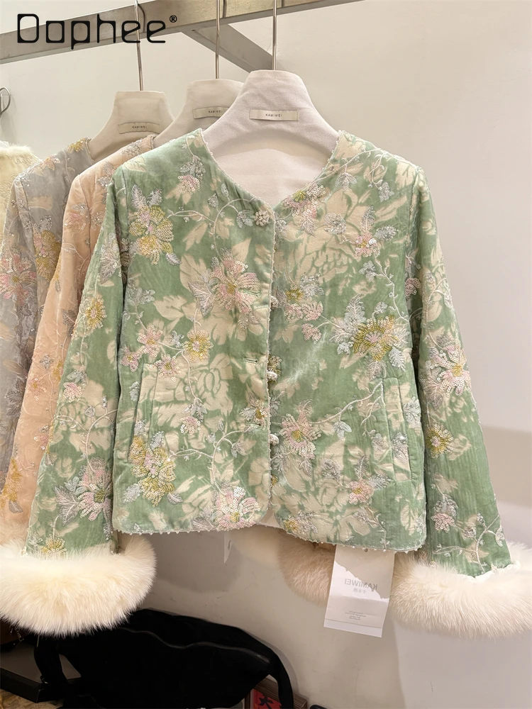 

New Chinese Style Heavy Beading Luxurious Fox Fur Sleeve Down Jacket for Women Winter Elegant Socialite Jacquard Embroidery Coat