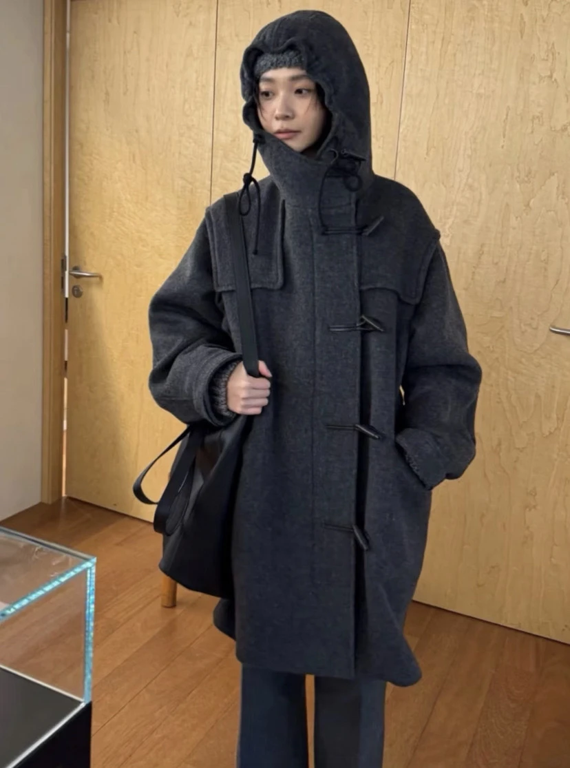 معطف صوفي جديد للخريف والشتاء من PREON مع قلنسوة وأزرار معطف Jaet LFML مستقيم القطع للتنقل طويل Sve متوسط الطول #4