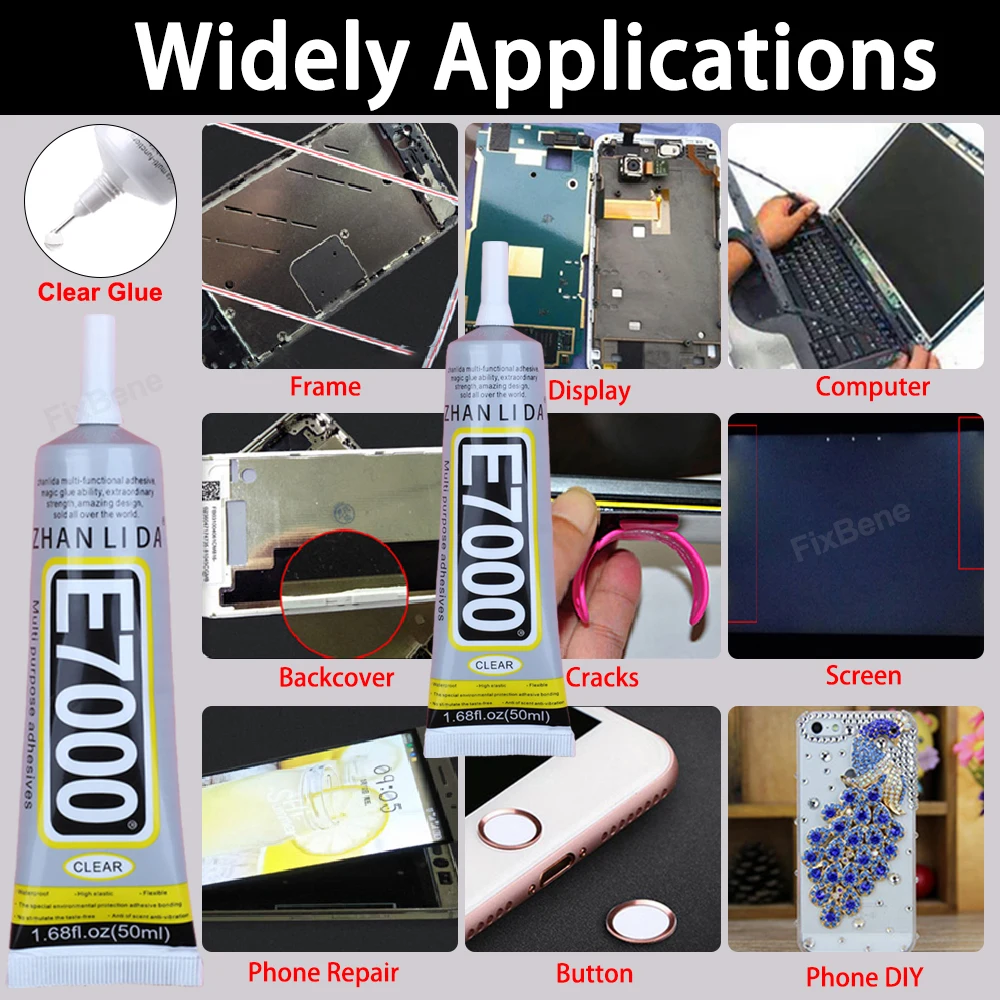 Colla per schermo del telefono cellulare Adesivo per orologio Forte E7000 Cornice per cover posteriore Display LCD Kit di strumenti di riparazione Tessuto con strass Pietra preziosa Bond