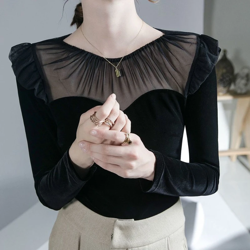 Spring Autumn Round Neck Women\'s Clothing Solid Color Lace Patchwork Pullover Long Sleeve Ruffles T-shirt Comfortable Tops