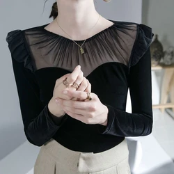 Spring Autumn Round Neck Women's Clothing Solid Color Lace Patchwork Pullover Long Sleeve Ruffles T-shirt Comfortable Tops