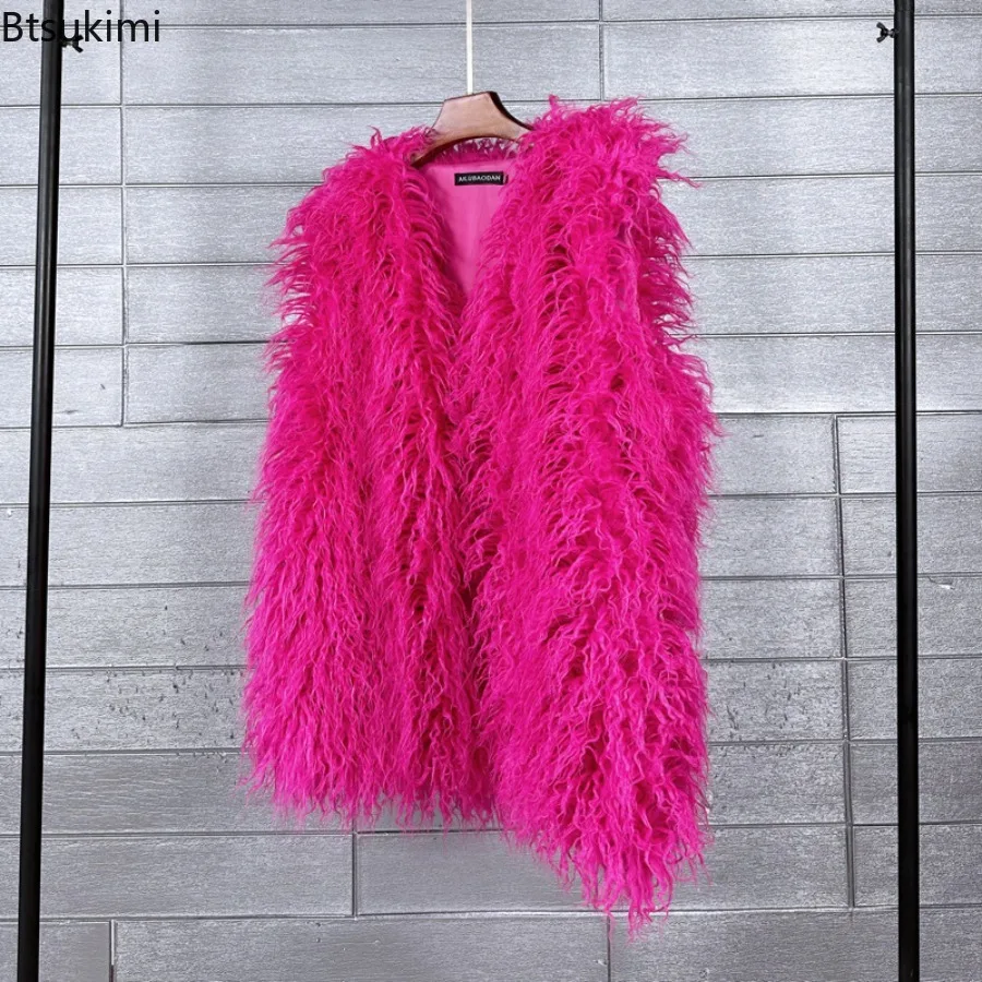 New Women's Middle Long Fluffy Colorful Mongolia Sheep Fur Vest Autumn Winter Sleeveless Faux Fur Jackets Luxury Warm Waistcoats 3