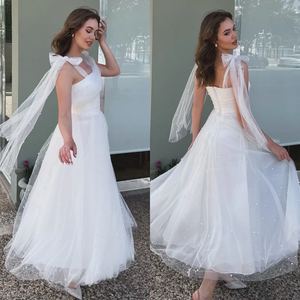 

Customized Exquisite Elegant Tulle Pleat Bow Pearl A-line Spaghetti strap Midi Dresses Bespoke Occasion Dresses Sizes Available