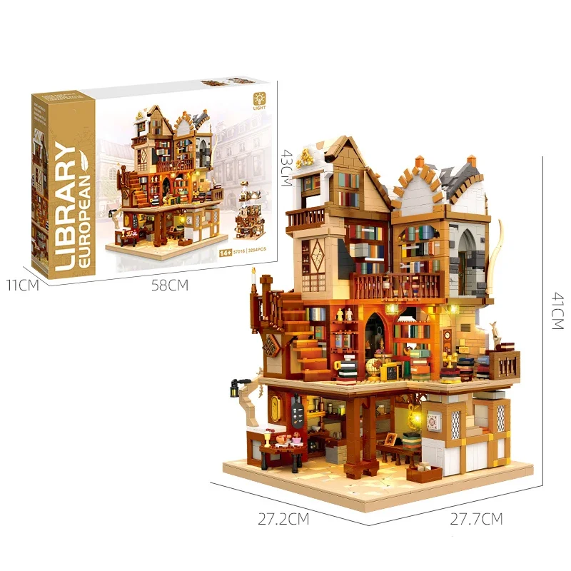 3294PCS biblioteca europea medievale Building Blocks città creativa Streetview MOC modello mattoni ornamenti Desktop giocattolo fai da te per bambini