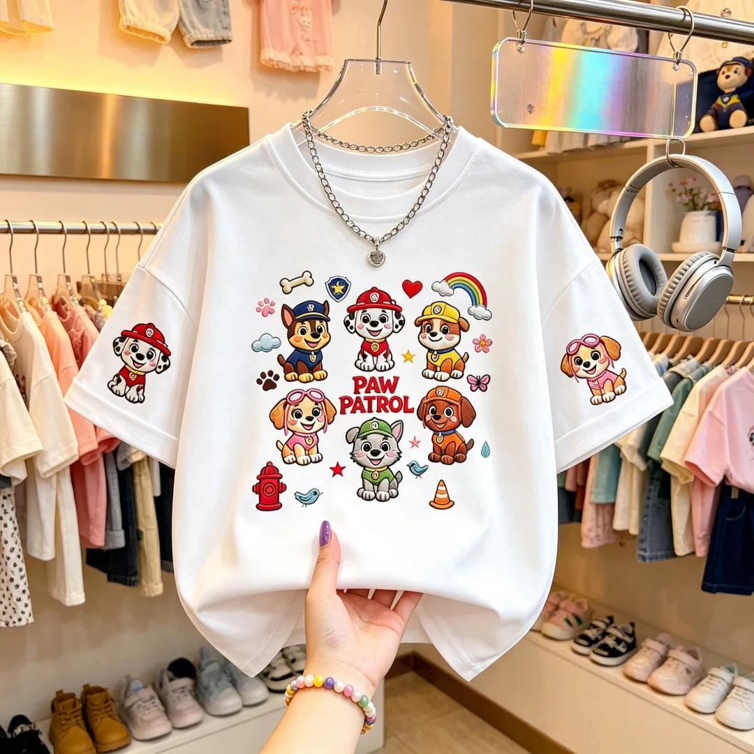 Paw Patrol T-Shirt Kids Boys Girls White Short Sleeve Round Neck Chase Marshall Rubble Skye Rocky Cartoon Dog Group Print Loose
