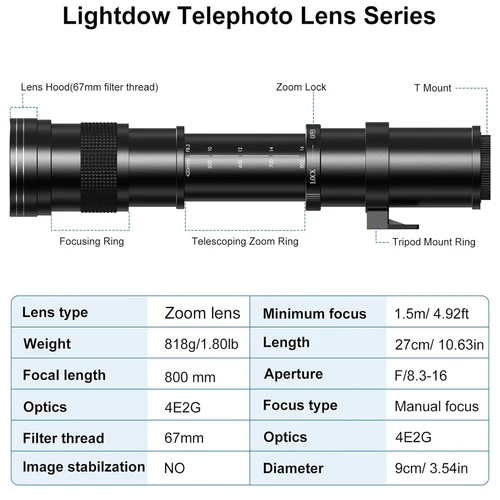 Imagen 2 del producto Lightdow 420-800mm F8.3-F16 lente súper teleobjetivo con Zoom Manual con anillo de montaje en T para lentes de cámara Nikon Canon Sony Fuji Olympus