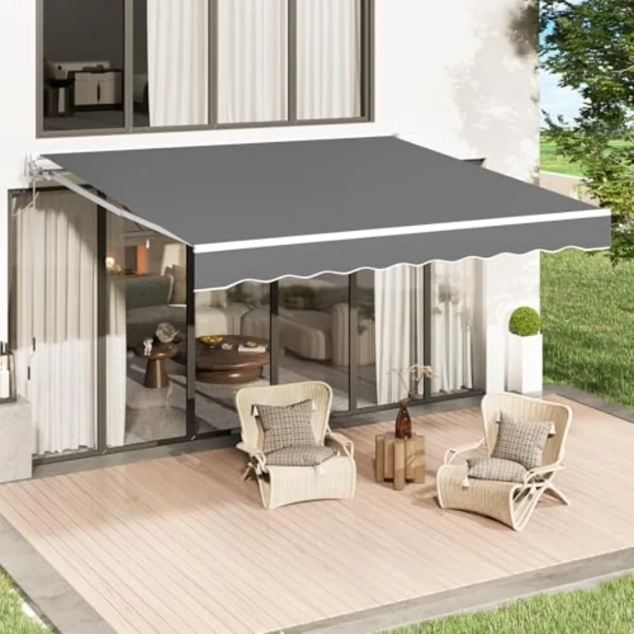 Retractable Patio Awning for Outdoor Use, Polyester Fabric, Grey Color, Manual Crank Handle for Easy Operation on Deck, Porch,