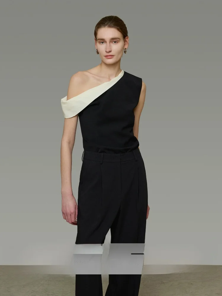

Elegant Black White Color Block Women's T-Shirt Asymmetrical Shoulder Design Summer Fashion High Quality Polyester Blend Top