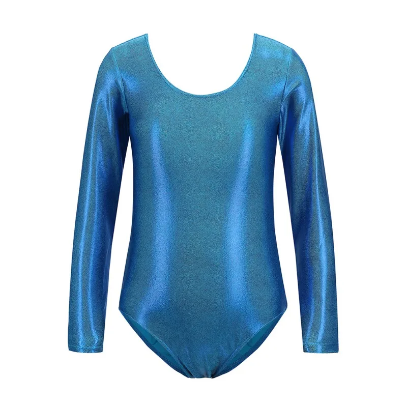 Kids Girls Ballet Dance Leotards Gymnastic Costume Long Sleeve Shinny Metallic Dance Leotard Bodysuit Ballet Training Wear 1-12Y