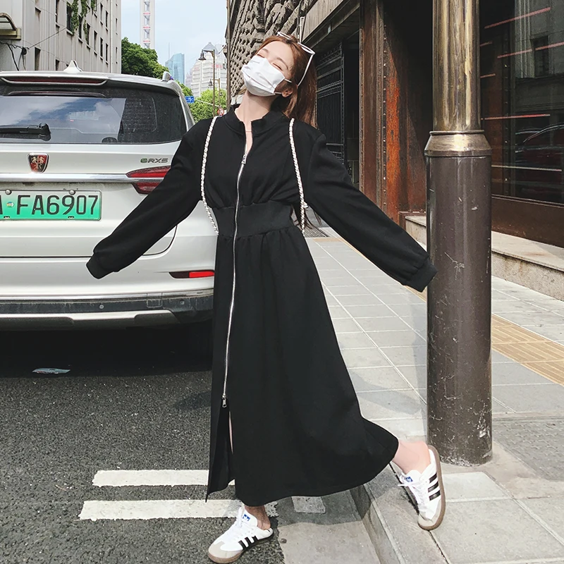 

High Waist Zipper Black Hoodies Dress for Women 2023 Autumn Winter Women Streetwear Trendy Long Sleeve Loose Korean Dresses 1002