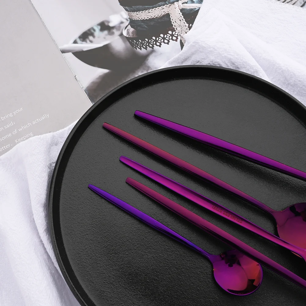 6Pcs Western Purple Dinnerware Cutlery Set Silverware Set Stainless Steel Flatware Steak Knife Dessert Fork Spoon Tableware Set