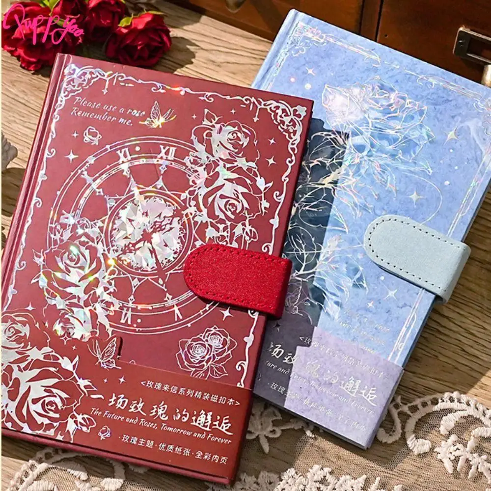 Rose Style Exquisite Diary Notebook Color Pages Magnetic Button Retro Rose Notebook Portable Gift Stickers