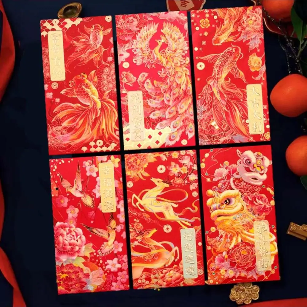 6pcs Creative Hot Stamping Chinese New Year Red Envelope Rectangular Solid Red Packet Thickened Mixed Pattern HongBao 2025