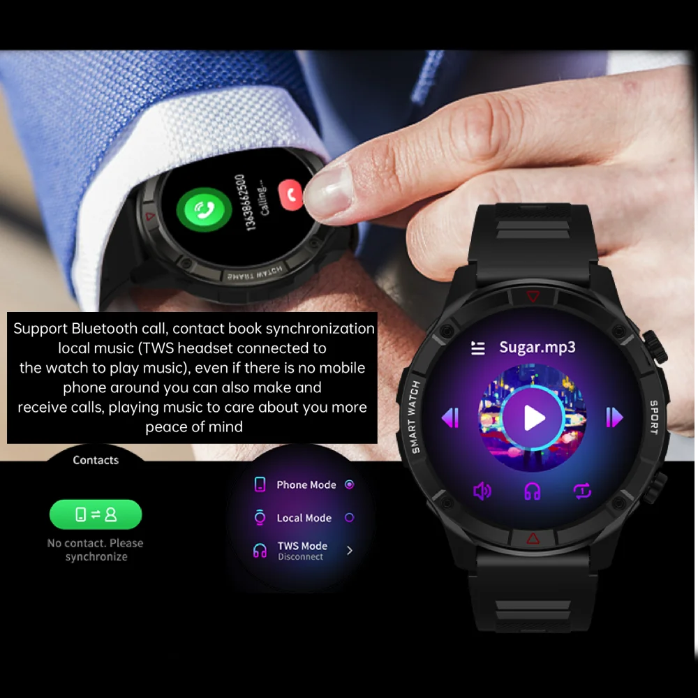 New 1.6" Music Smart Watch 4G Memory Men Blue Tooth Call Full Touch Screen Waterproof Sport Fitness Heartrate Fashion Smartwatch