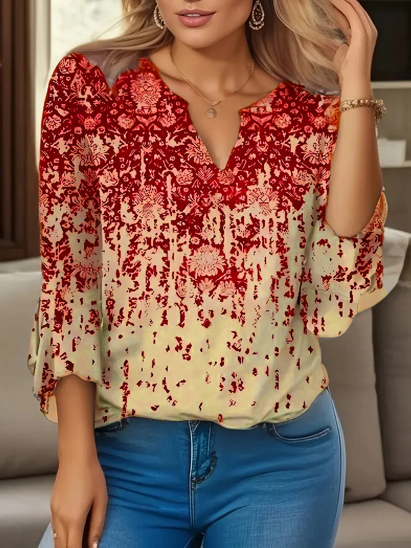 2024 New Arrival Fall Autumn Casual Fashion Printed V-Neck Ethnic Women's Seven Sleeve T-Shirt Ladies Clothes Fashion T-shirts