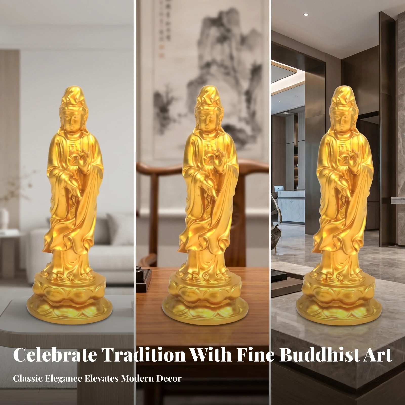 Brass Guanyin Figurine Gold Finish Lotus Base Statue Intricate Detailing Religious Decor Long-Lasting Guanyin Figurine