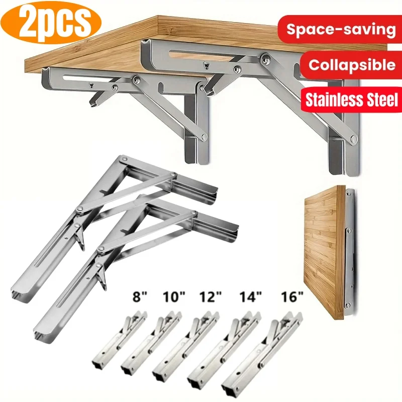 2PCS Heavy Duty Triangle Folding Angle Shelf Bracket Stainless Steel Collapsible Shelf Bracket for Table Work Bench Wall Mounted