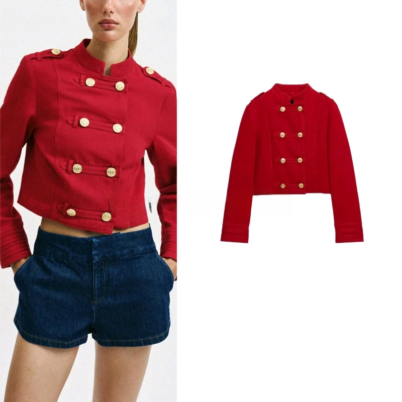 

Gold Plated Button Short Fit Jacket Women's Long Sleeve round Neck Summer New Arrival Casual Style Polyester Fiber Coat