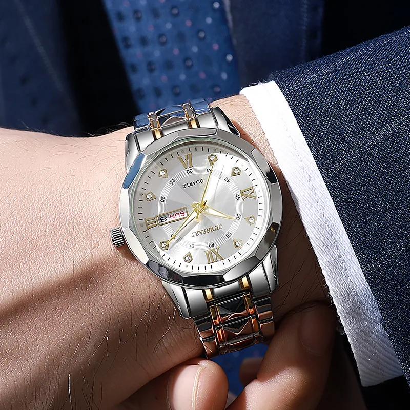 TOP Merk Herenhorloge Zakelijk Eenvoudig Nachtlampje Waterdicht Dubbele Kalender Klinknagel Stalen Strip Mannelijke Mode Quartz Klok Horloges