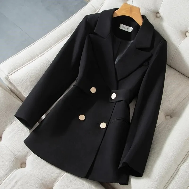 2025 New Women Blazers Fashion Coat Autumn Winter Suit Lady Business Office Blazer Black White Mid Length Female Outerwear