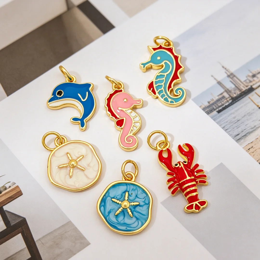 

3 Pcs Pendants Brass Enamel Starfish Seahorse Lobster Dolphin Ocean Charms for Diy Jewelry Making Necklace Bracelet Accessories