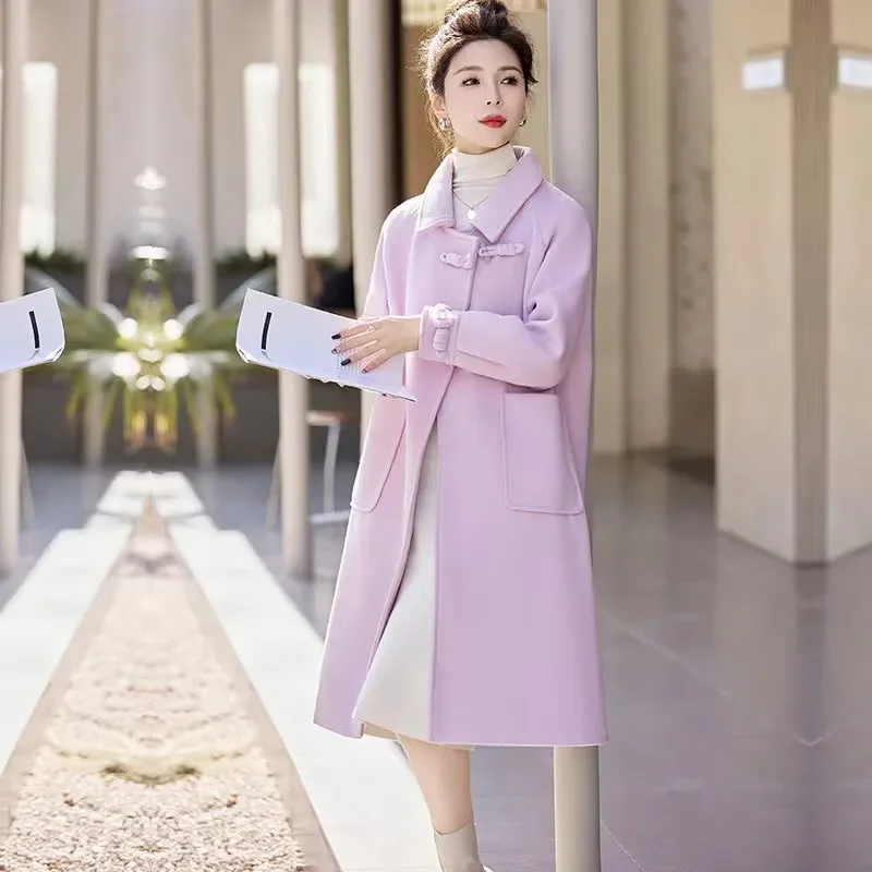 

Women Purple Temperament Woolen Coat 2024 Female Mid length Korean Woolen Fashion lapel Outerwear