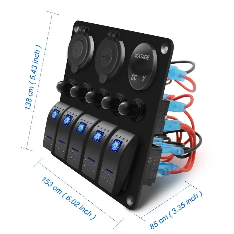 5 Gang Marine Boat Switch Panel 12V/24V IP65 Waterproof Pre-wired Rocker Switches with Dual USB 3.1A Voltmeter Cigarette Outlet