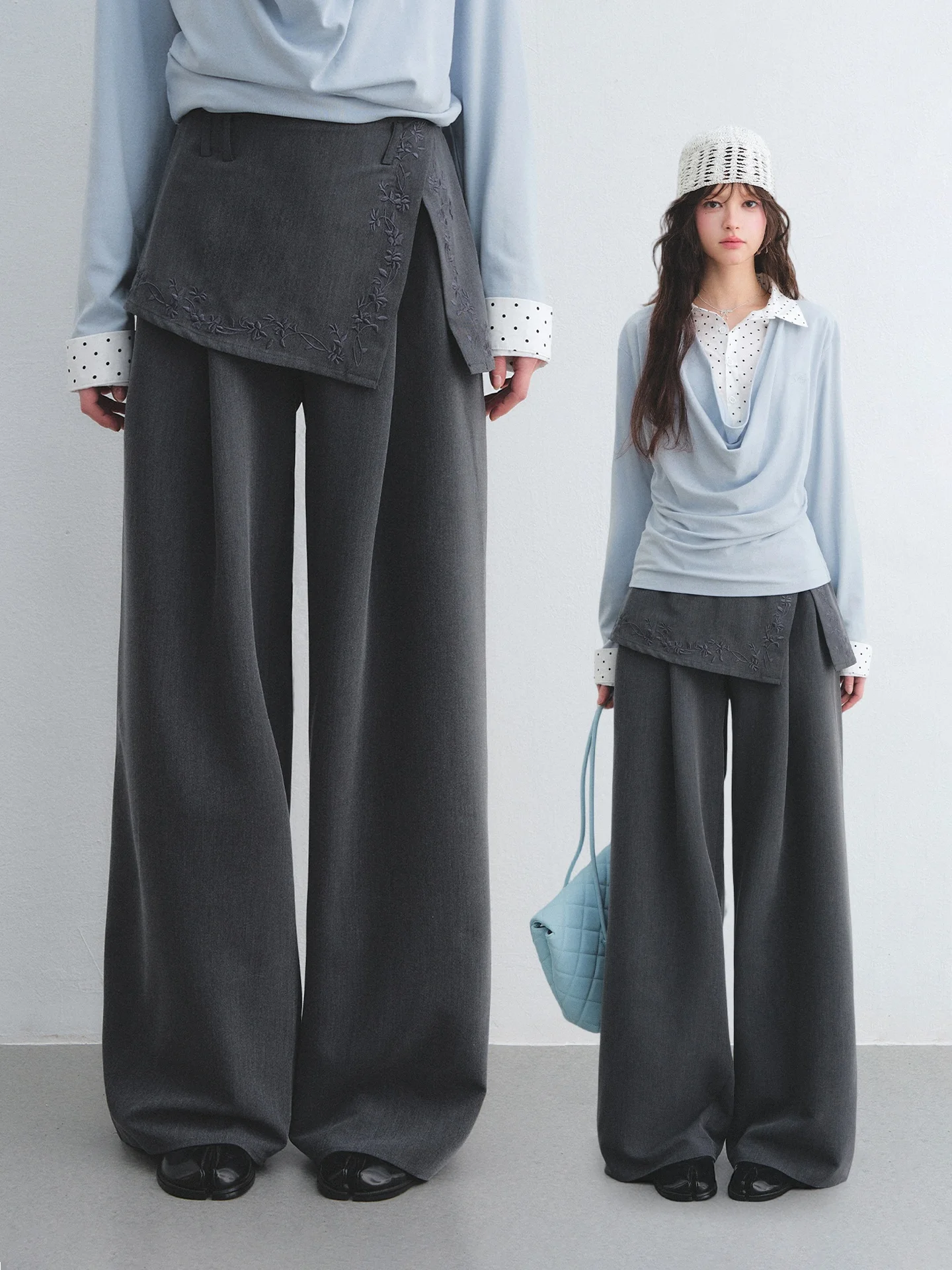 

Брюки AsGony с вышивкой, широкие, прямого кроя, повседневные, свободные, стройнящие, длинные, с высокой талией, на молнии, дышащие