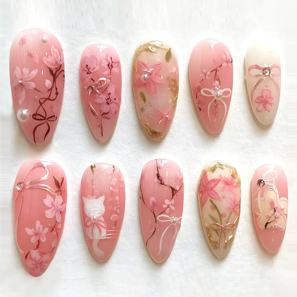 24 Uds. De uñas postizas con estampado de flores rosas dulces, colorete rosa, almendra, uñas postizas usables, reutilizables, moda coreana para mujeres