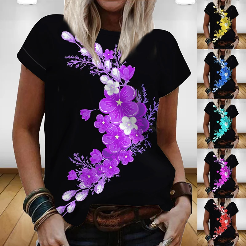 

Women Summer Fashion Floral Plants Theme Tops Female Print Round Neck Basic T-shirt Rainbow / 3D Print Plus Size Pullover XS-8XL