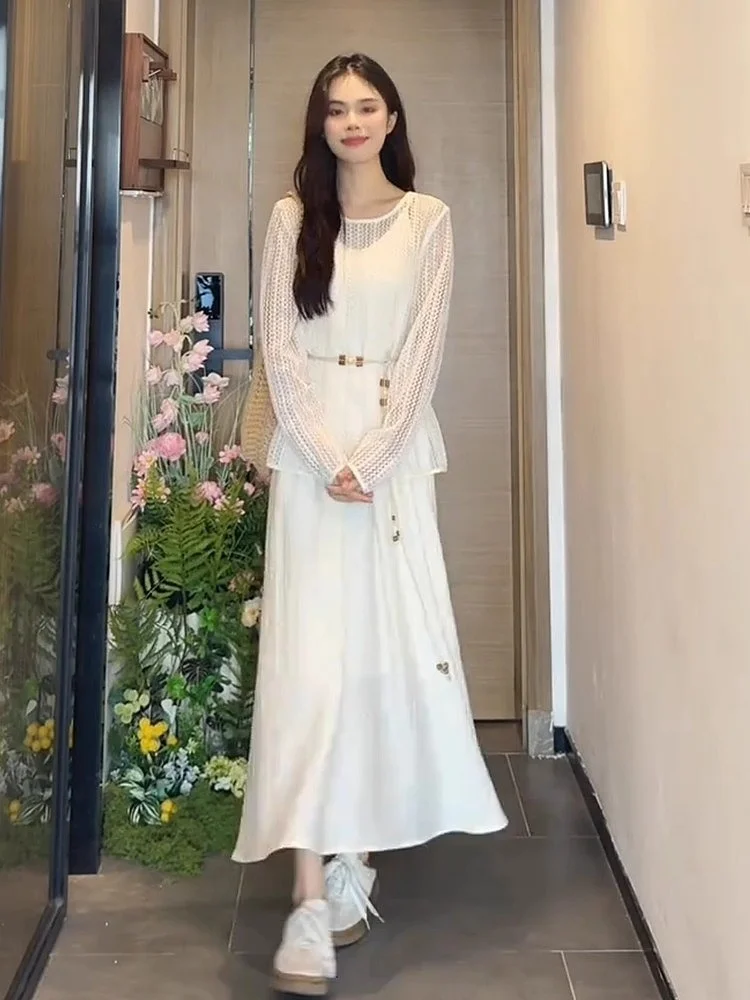 

Ele White Strapl Dr Long Sve круглое платье Ne для молодых женщин 8-25 лет Весенний комплект Faion High-End Feel