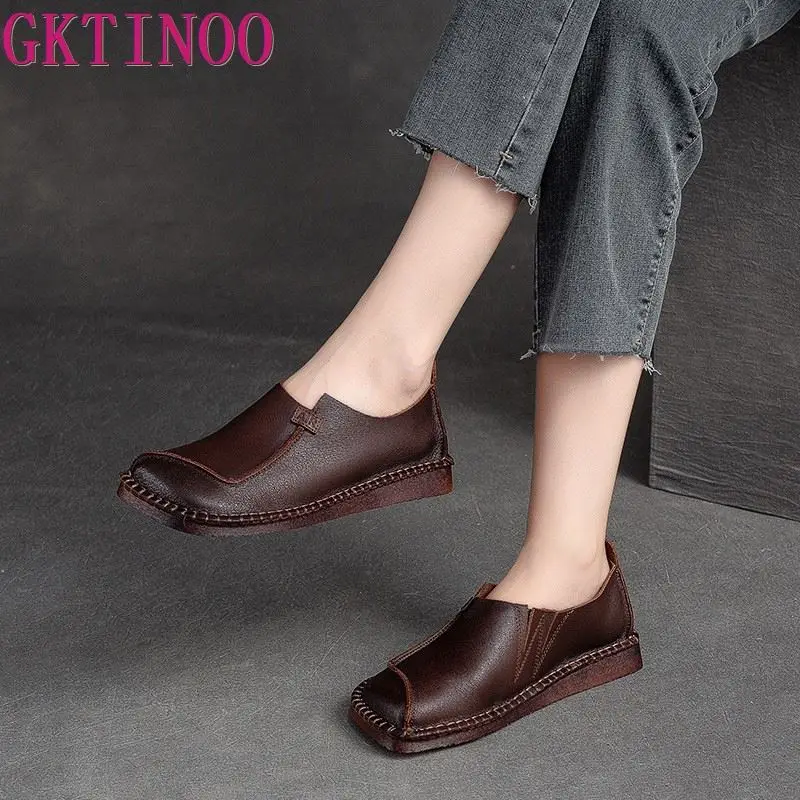 GKTINOO Women Loafers Spring Genuine Leather Comfort Flat Mother Shoes Slip-On Footwear Fashion Female Footwear Zapatos De Mujer