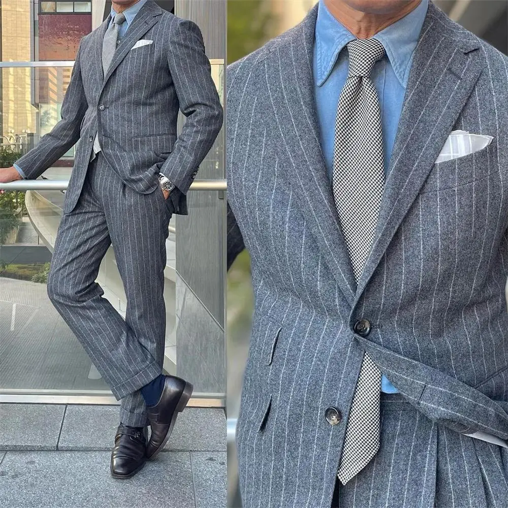 

Gray Stripe Men's Suits Notch Lapel Single Breasted Classic 2 Pcs (Jacket+Pants) Business Wear Business plus size custom suit