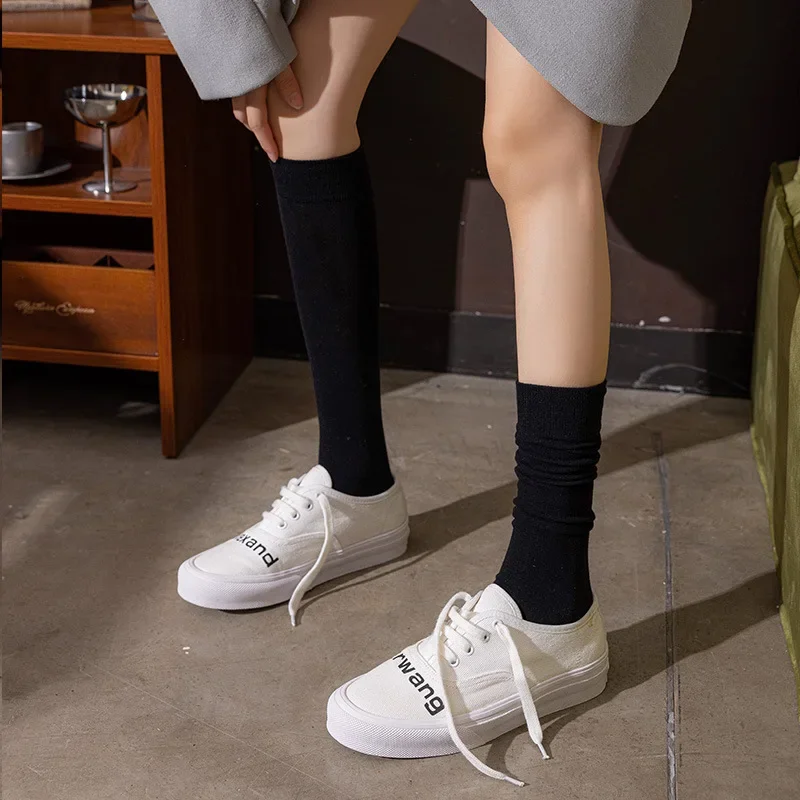 Women Cotton Knee High Socks Sexy Girl Black White Solid Color Casual Calf Sock Female Winter Long Socks Japanese Fashion