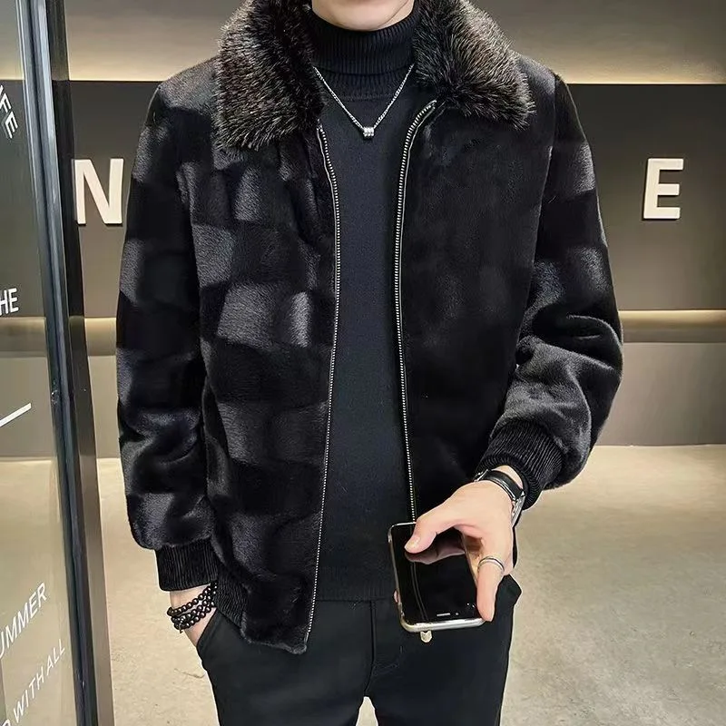 

Winter Short Deluxe Imitation Fur Jacket Men Turn-Down Collar Black Soft Warm Faux Fur Coat Men Long Sleeve Fluffy Jackets 2025