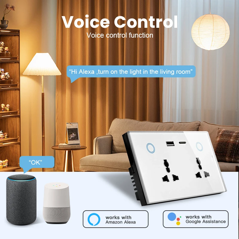 Tuya WIFI Smart USB Wall Socket Universal Electrical Plug Outlet 15A Power Touch Switch Wireless Charge Works with Alexa Google