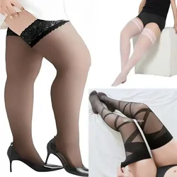 FREEAUCE Women's Plus Large Size Sexy Transparent Fishnets Thin Lace Thigh High Lace Top Stay Up Over Knee Stockings Anti skid