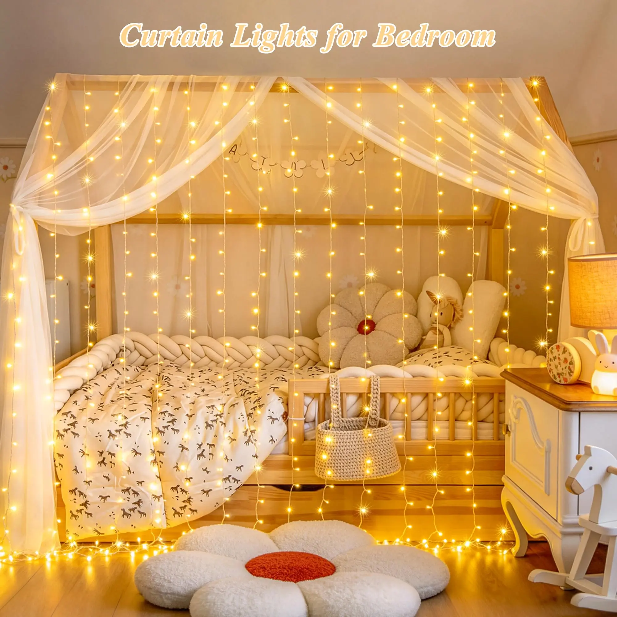 USB Plug in Curtain Lights 300 LED with 8 Modes, 9.8ftx9.8ft | Remote, Warm White Curtain Fairy Lights, String Lights for Bedroom, Classroom, Dorm, Wedding, Xmas, Party Decor