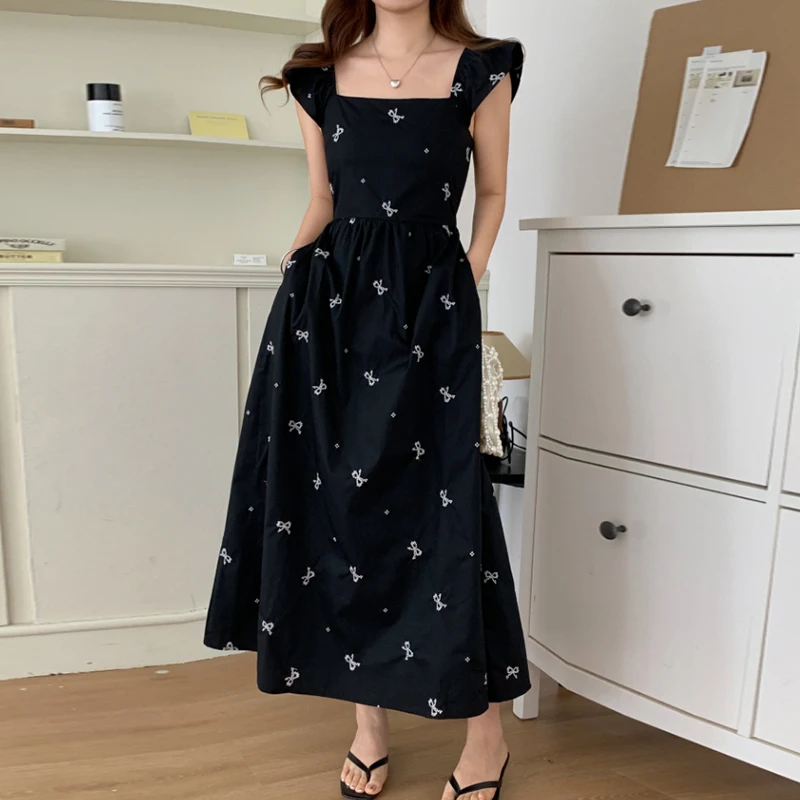 Koreaanse Sle zomer lange Dr geborduurde taille cinching strik hoge taille volant Sve vierkante kraag chique vintage...