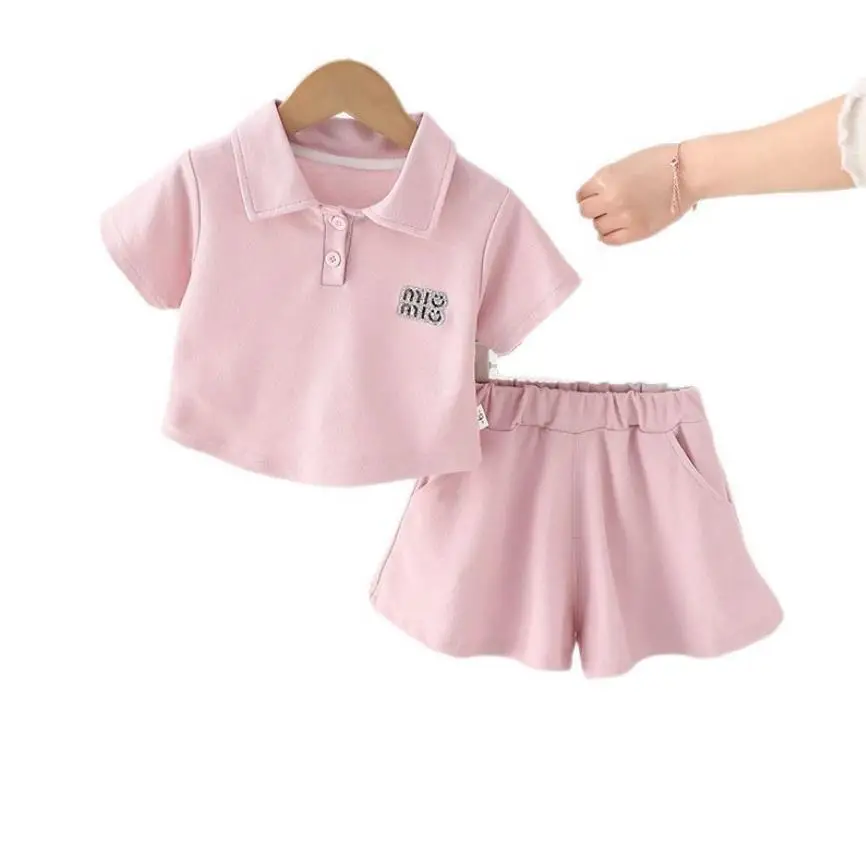 طفل الفتيات قصيرة الأكمام الدعاوى الكورية نمط ملابس الصيف بلون بدوره إلى أسفل طوق تي شيرت والسراويل الاطفال فتاة الملابس #6