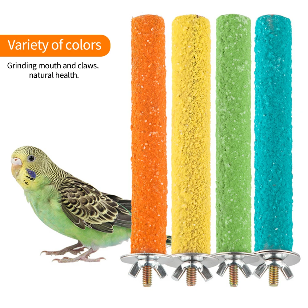 Random Color Wood Bird Claw Beak Grinding Bar Standing Stick with Bell Parrot Station Rod Perch Stand Toy Bird Cage Accessories