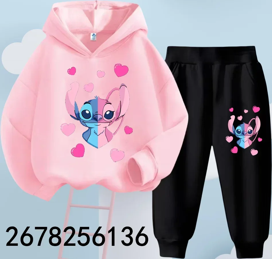 Kawaii Stitch Hoodie Set Girls Casual Hello Kitty Long-sleeved Sweatshirts Tops 2-13 Years Old Children's Trucksuit Casual Tops