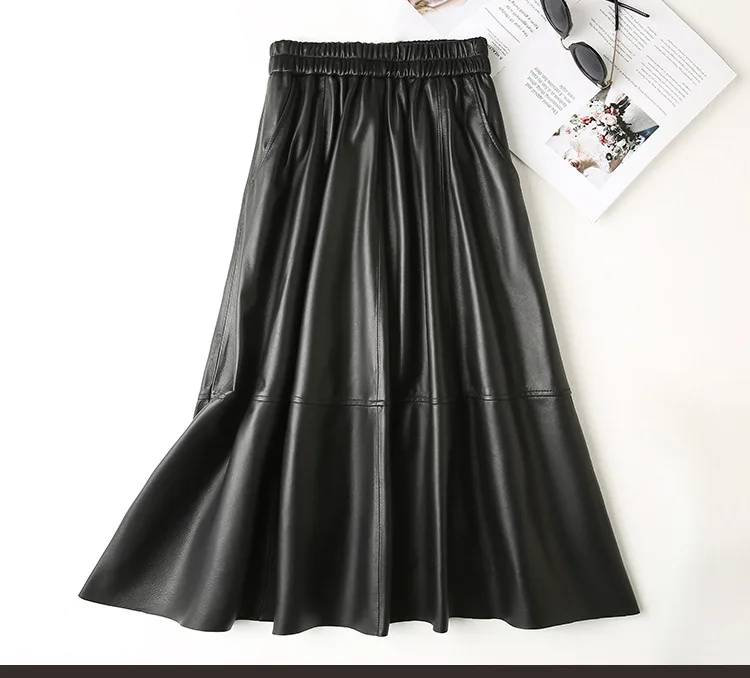 

2023 Women New Genuine Leather Skirt Versatile Elastic Waist Long Sheepskin Umbrella Skirt E61